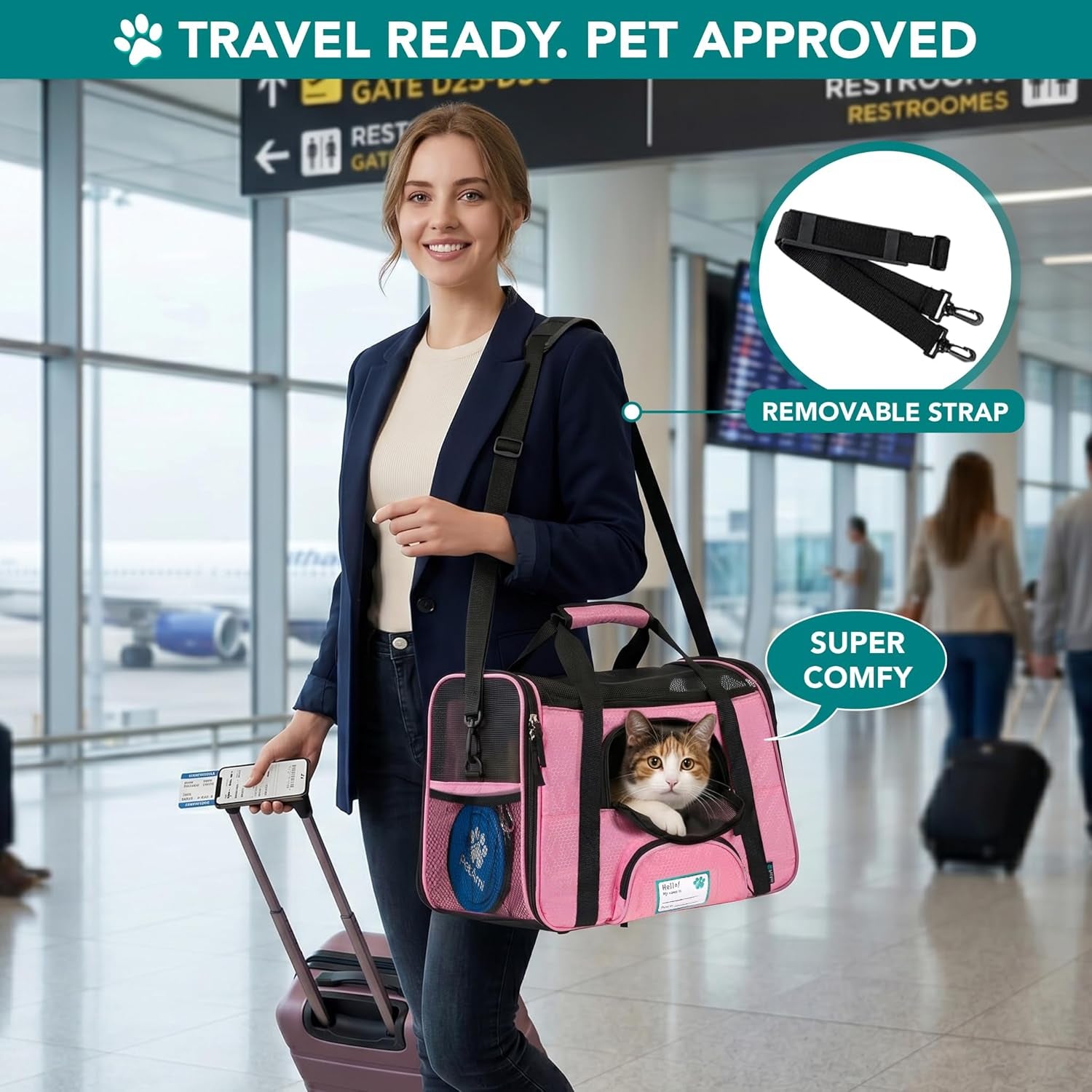 Airline-Approved Soft-Sided Pet Carrier for Cats and Small Dogs, Ventilated Travel Bag for Indoor Cats, Medium to Large Kittens and Puppies, Large Pink