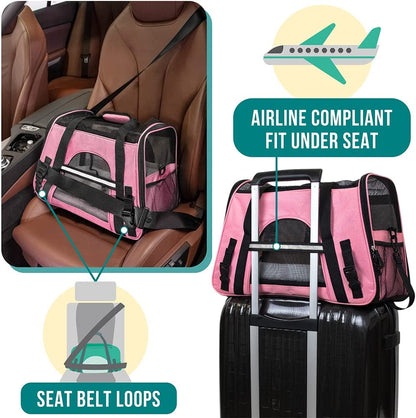 Airline-Approved Soft-Sided Pet Carrier for Cats and Small Dogs, Ventilated Travel Bag for Indoor Cats, Medium to Large Kittens and Puppies, Large Pink