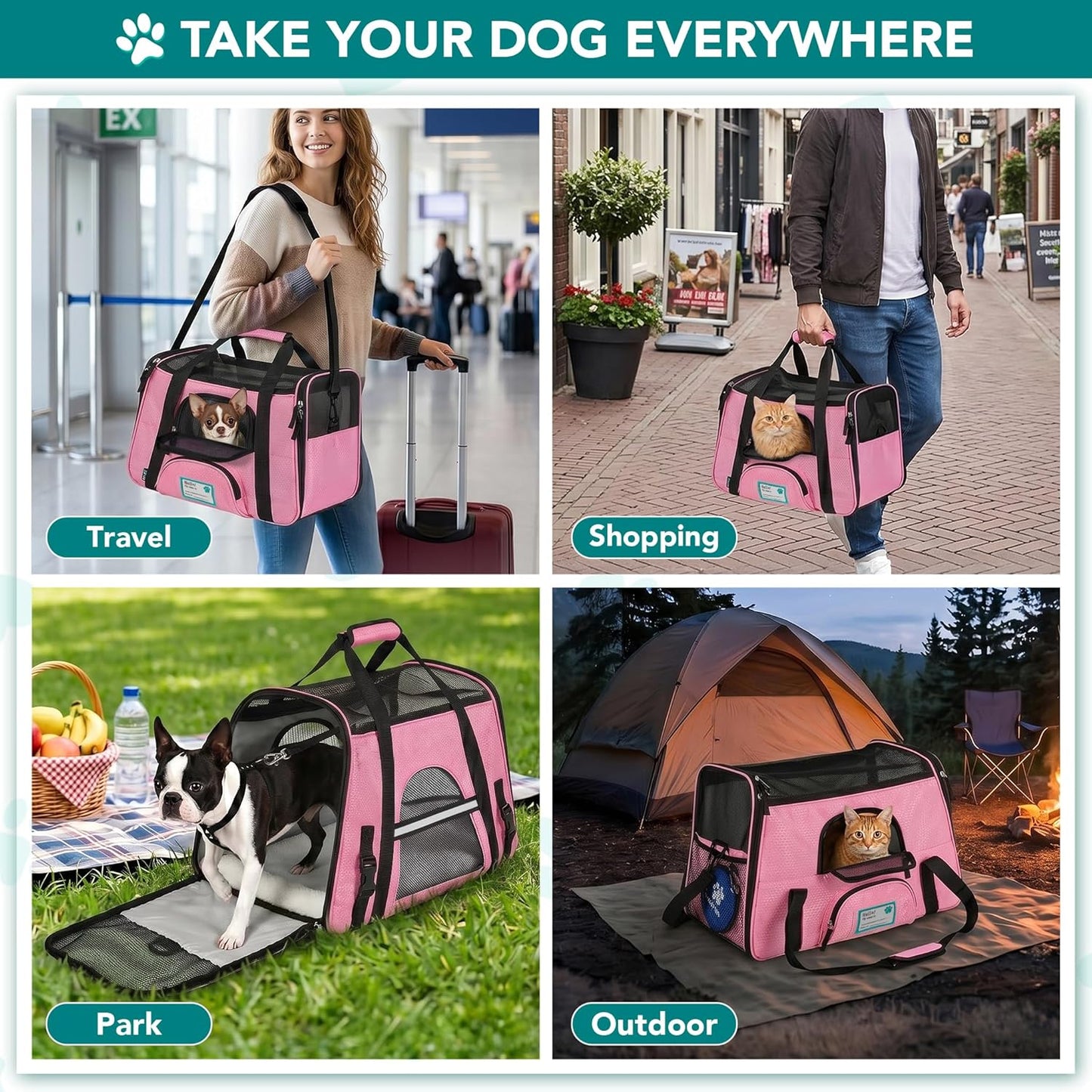Airline-Approved Soft-Sided Pet Carrier for Cats and Small Dogs, Ventilated Travel Bag for Indoor Cats, Medium to Large Kittens and Puppies, Large Pink