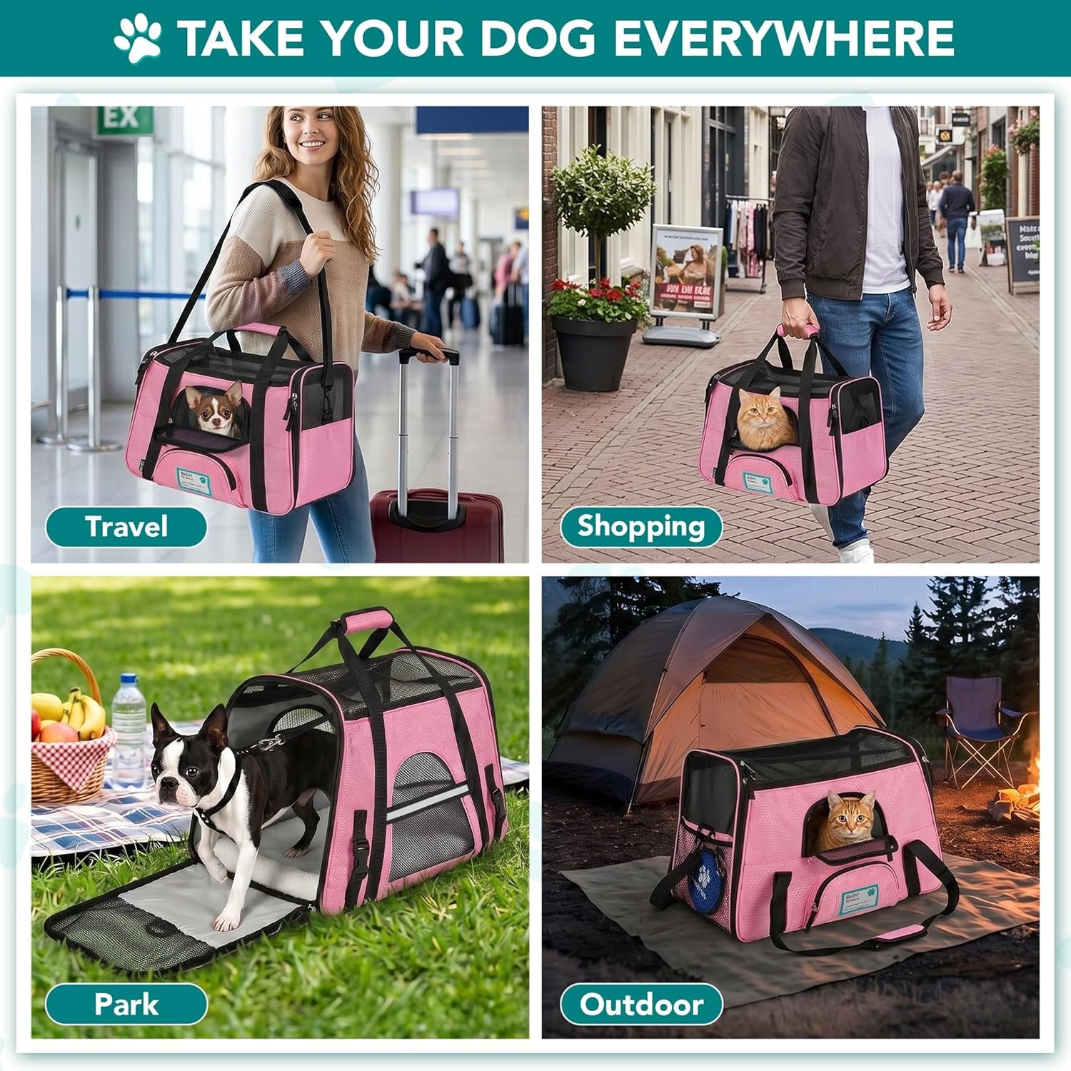 Airline-Approved Soft-Sided Pet Carrier for Cats and Small Dogs, Ventilated Travel Bag for Indoor Cats, Medium to Large Kittens and Puppies, Large Pink